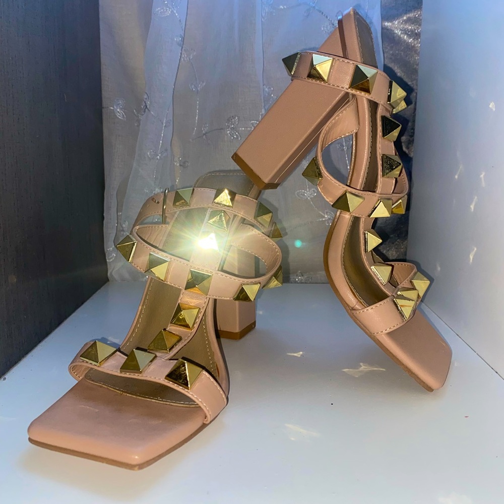 Nude square toed heels with gold embellishments, size 6.5.